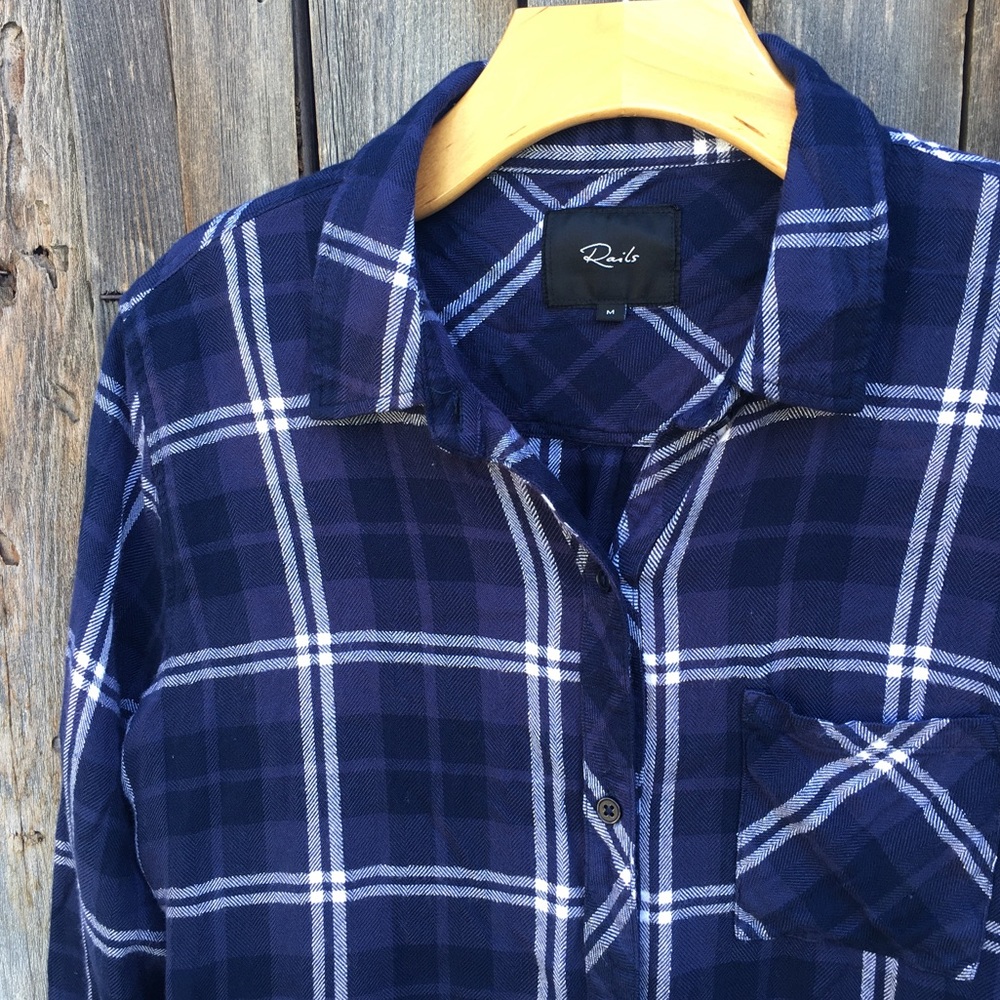 Rails Hunter Plaid Shirt Rayon Pacific Navy Blue White M - Picture 3 of 16